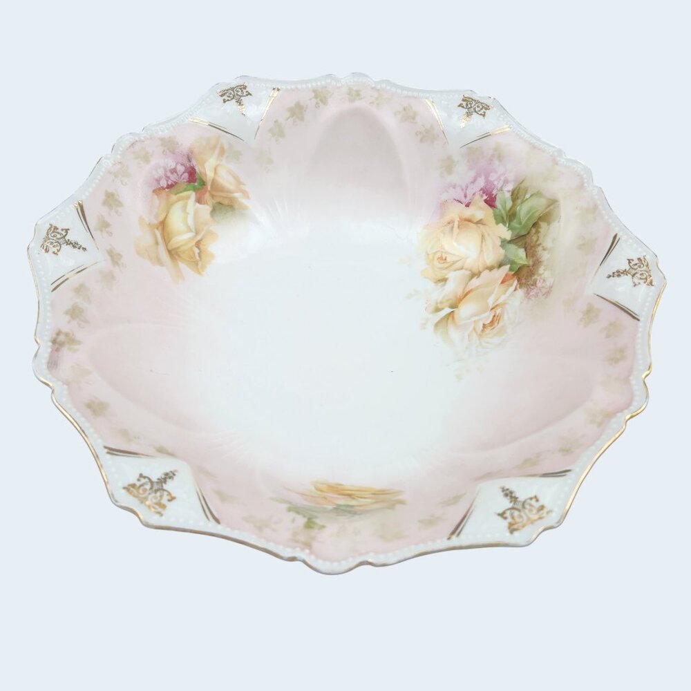 VTG RS Prussia Bowl Yellow Roses Gold Rim Signed Porcelain Germany 11" Spring